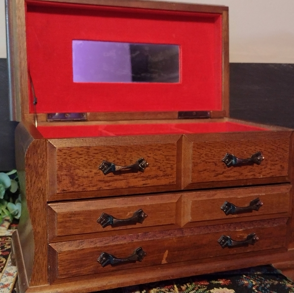 Other - Vtg. Wooden Jewelry Box Red Velvet Lining Mirror Drawers Very Nice and Sturdy